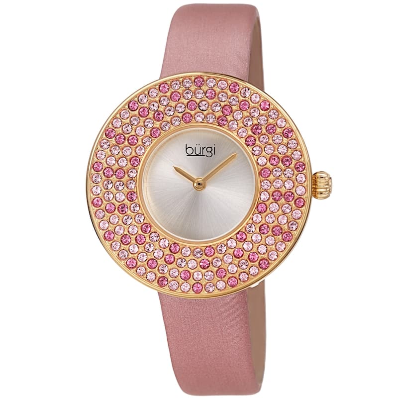 Burgi Women's Quartz Swarovski Crystal Disc Satin Leather Strap Watch