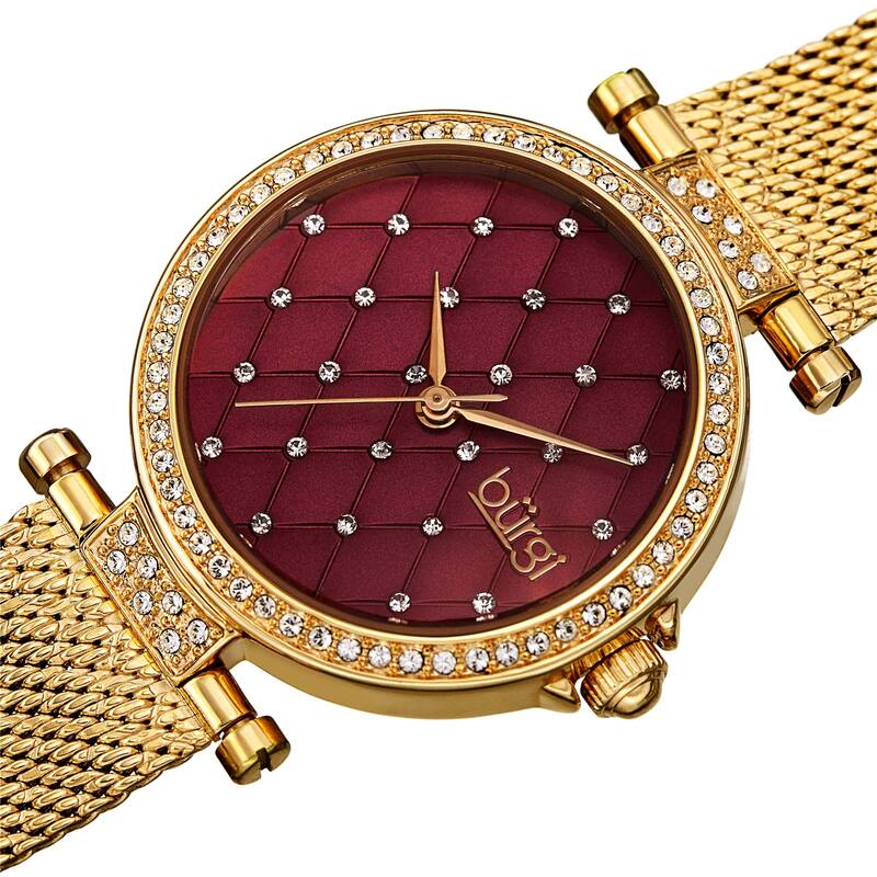 Burgi Women's Quartz Swarovski Quilted Dial Steel Mesh Bracelet Watch