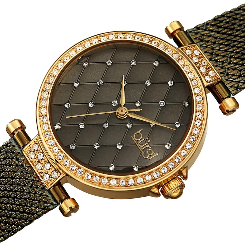 Burgi Women's Quartz Swarovski Quilted Dial Steel Mesh Bracelet Watch
