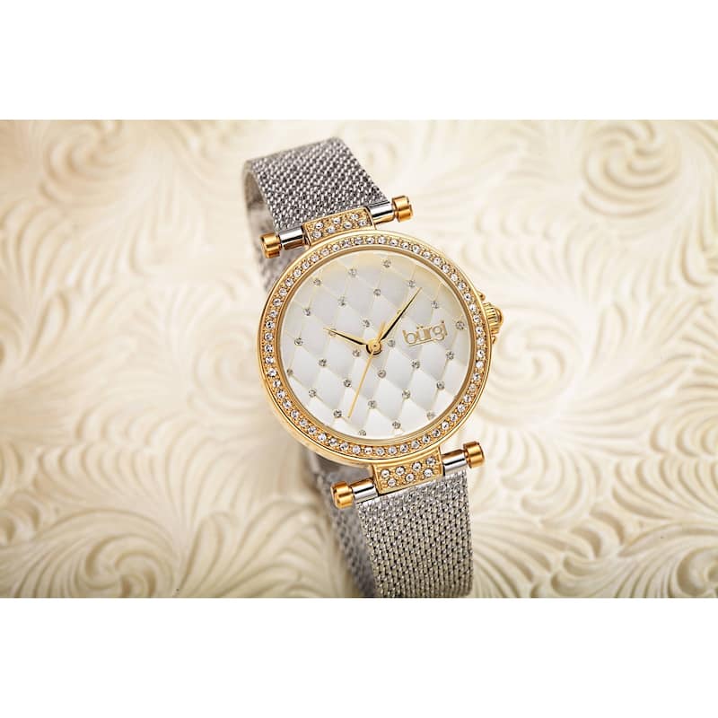 Burgi Women's Quartz Swarovski Quilted Dial Steel Mesh Bracelet Watch