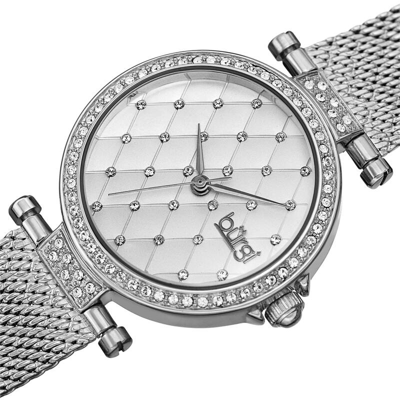 Burgi Women's Quartz Swarovski Quilted Dial Steel Mesh Bracelet Watch