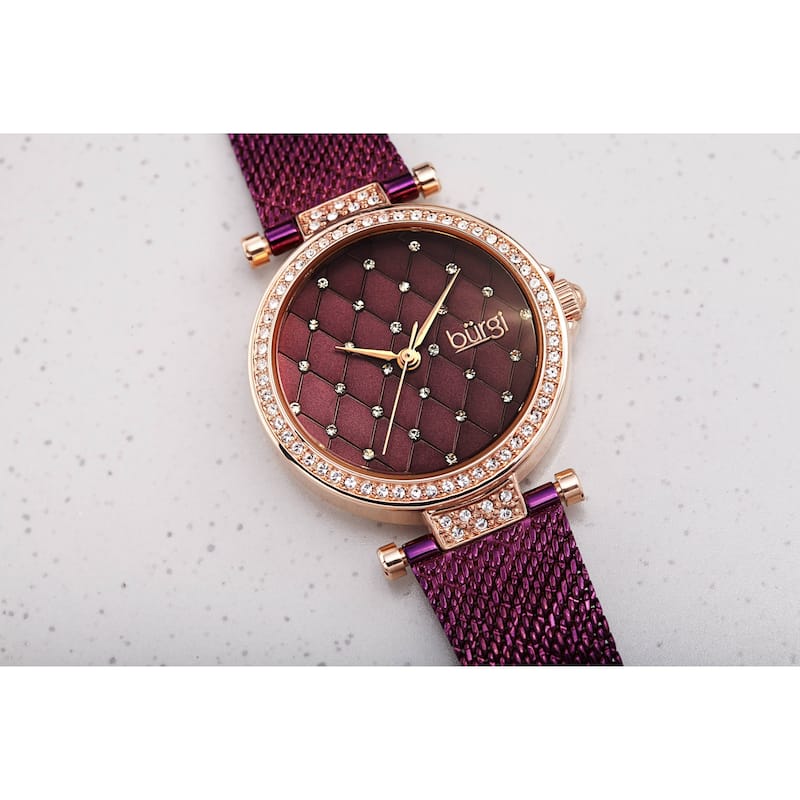 Burgi Women's Quartz Swarovski Quilted Dial Steel Mesh Bracelet Watch