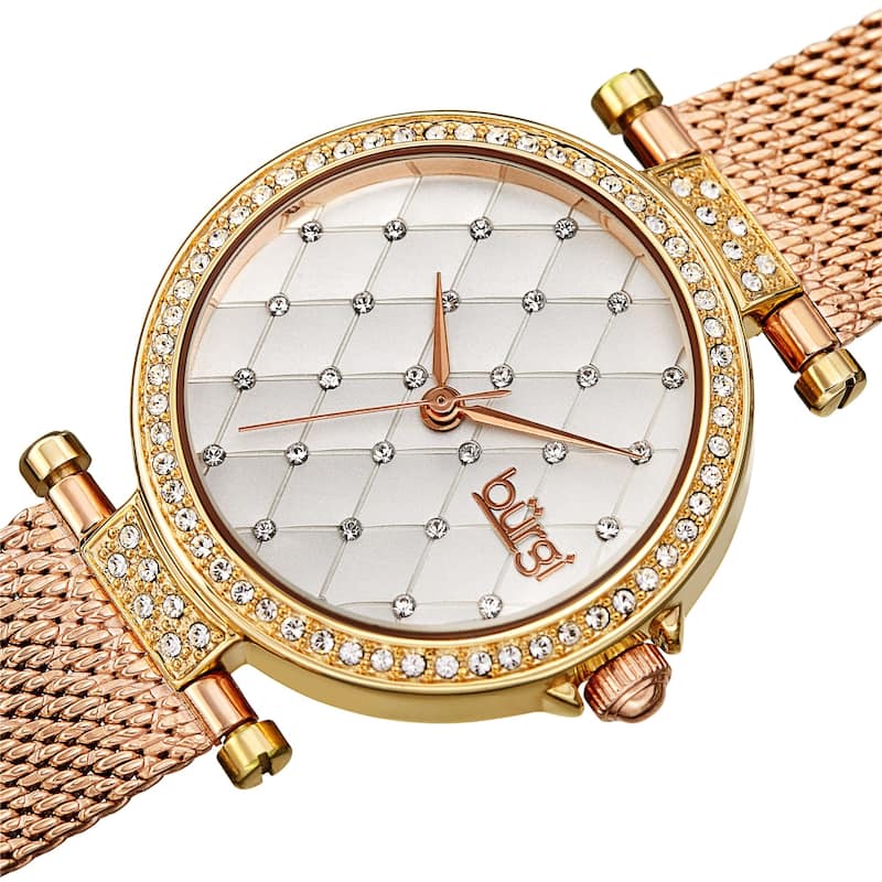 Burgi Women's Quartz Swarovski Quilted Dial Steel Mesh Bracelet Watch