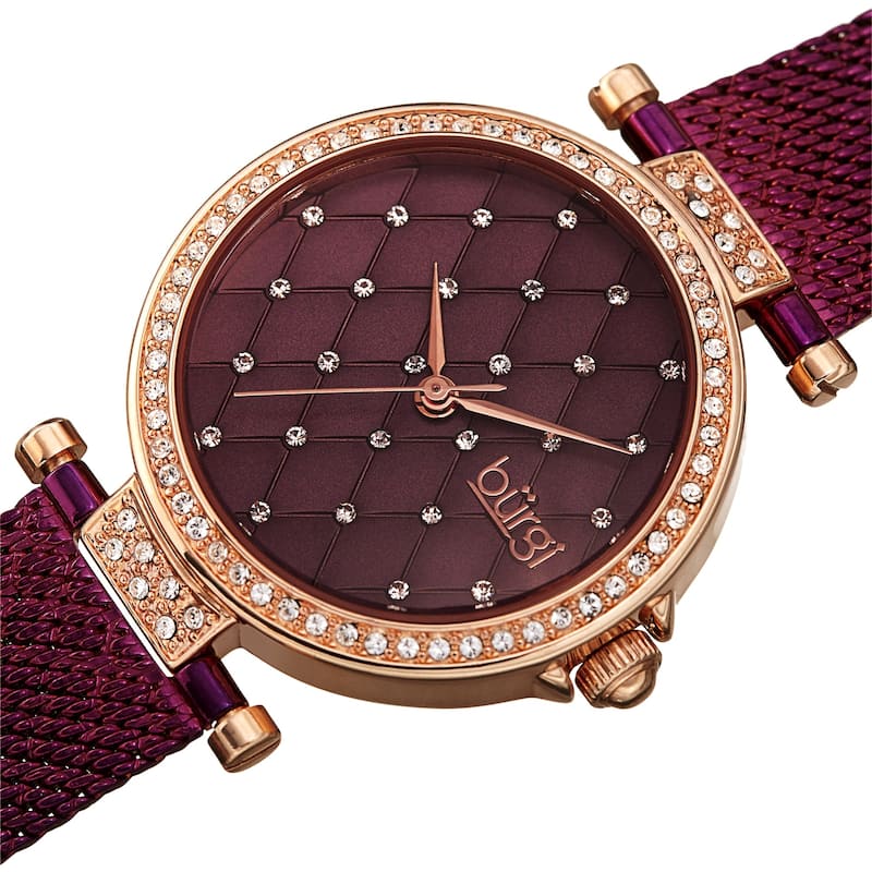 Burgi Women's Quartz Swarovski Quilted Dial Steel Mesh Bracelet Watch