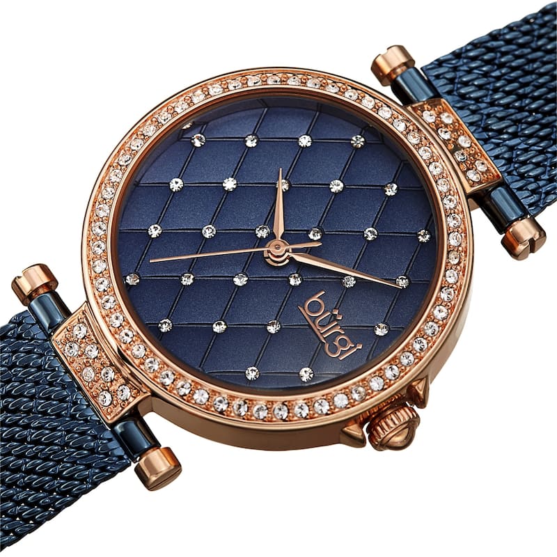 Burgi Women's Quartz Swarovski Quilted Dial Steel Mesh Bracelet Watch - Blue