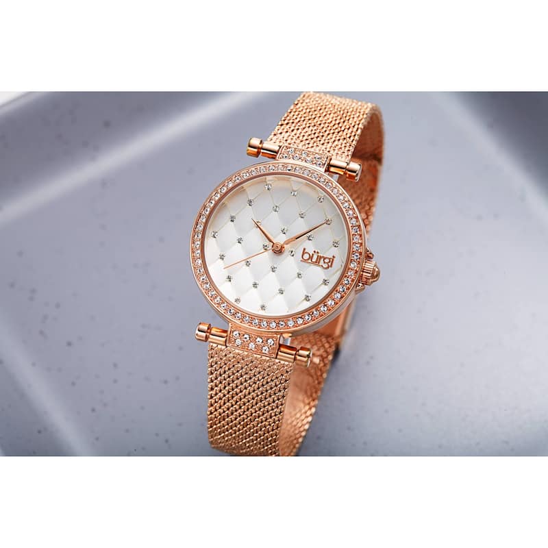 Burgi Women's Quartz Swarovski Quilted Dial Steel Mesh Bracelet Watch