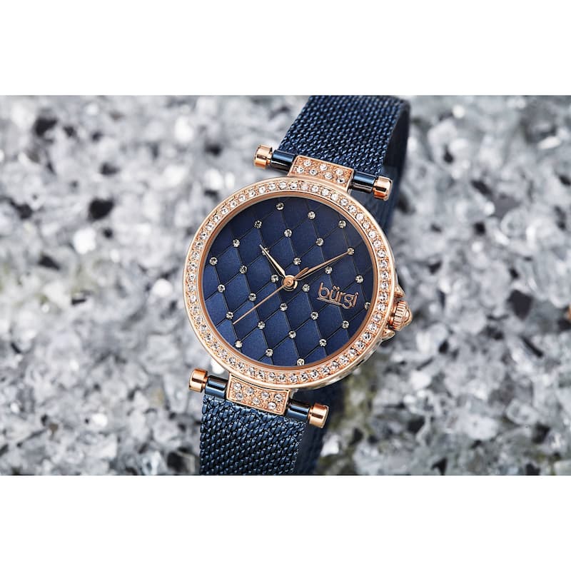 Burgi Women's Quartz Swarovski Quilted Dial Steel Mesh Bracelet Watch