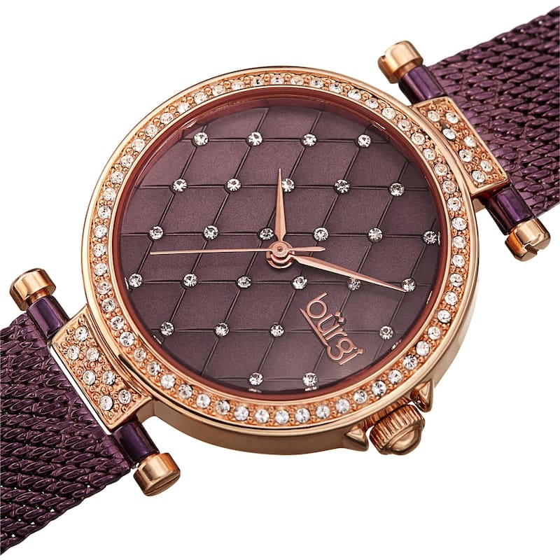 Burgi Women's Quartz Swarovski Quilted Dial Steel Mesh Bracelet Watch - Purple