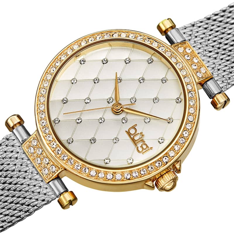 Burgi Women's Quartz Swarovski Quilted Dial Steel Mesh Bracelet Watch - Two Tone Gold