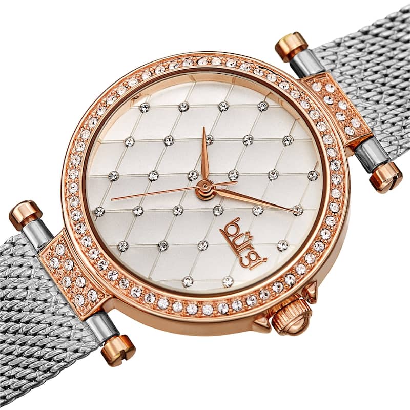 Burgi Women's Quartz Swarovski Quilted Dial Steel Mesh Bracelet Watch