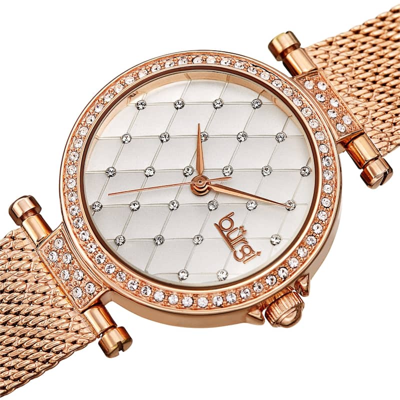 Burgi Women's Quartz Swarovski Quilted Dial Steel Mesh Bracelet Watch