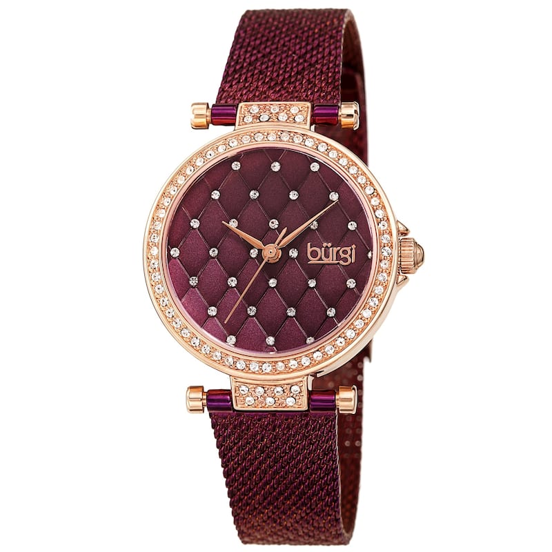 Burgi Women's Quartz Swarovski Quilted Dial Steel Mesh Bracelet Watch