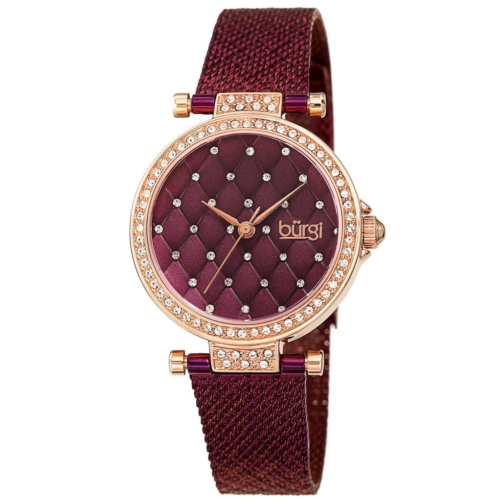 Burgi Women's Quartz Swarovski Quilted Dial Steel Mesh Bracelet Watch