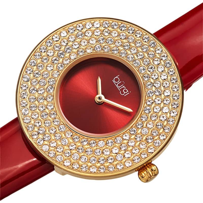 Burgi Women's Quartz Swarovski Crystal Disc Genuine Leather Strap Bracelet
