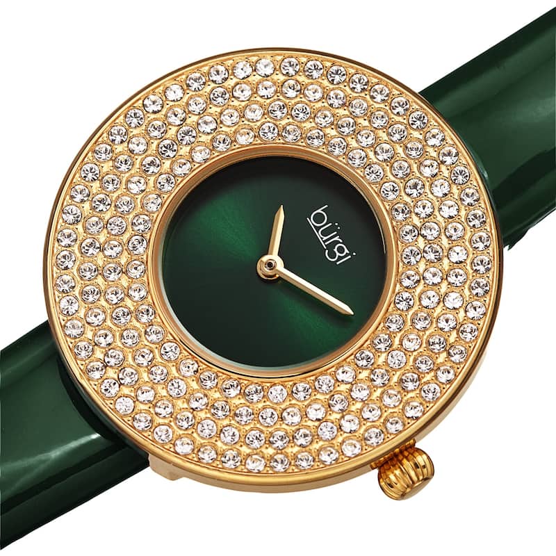 Burgi Women's Quartz Swarovski Crystal Disc Genuine Leather Strap Bracelet - Green