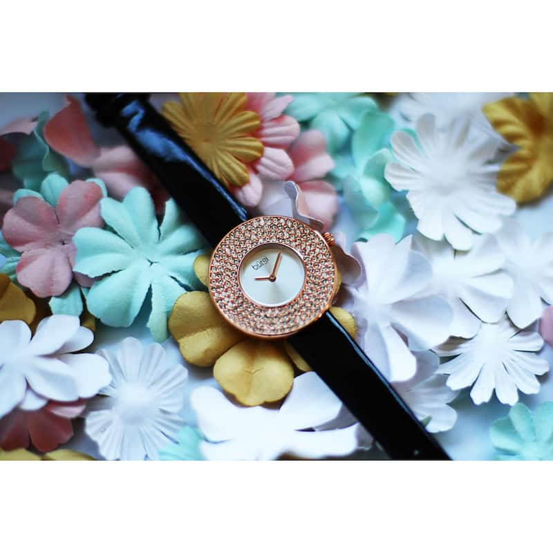 Burgi Women's Quartz Swarovski Crystal Disc Genuine Leather Strap Bracelet