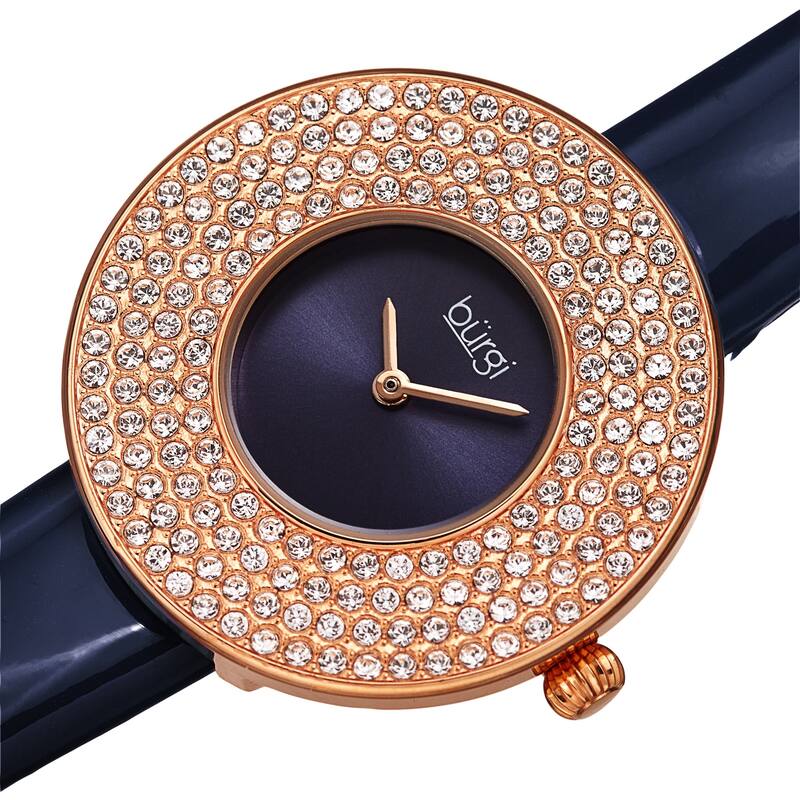 Burgi Women's Quartz Swarovski Crystal Disc Genuine Leather Strap Bracelet - Blue