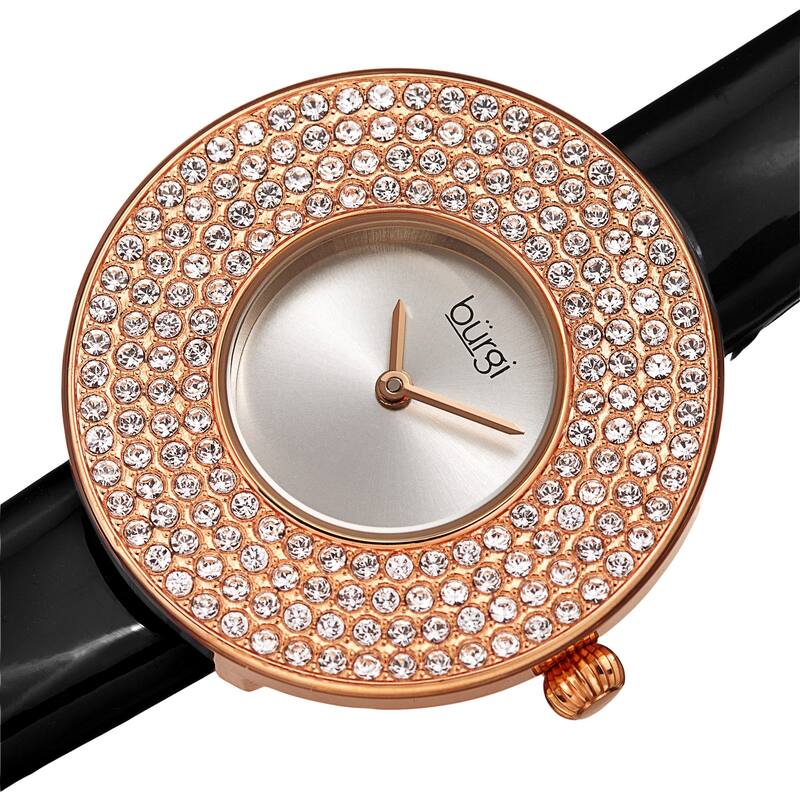 Burgi Women's Quartz Swarovski Crystal Disc Genuine Leather Strap Bracelet - Rose Gold/Black