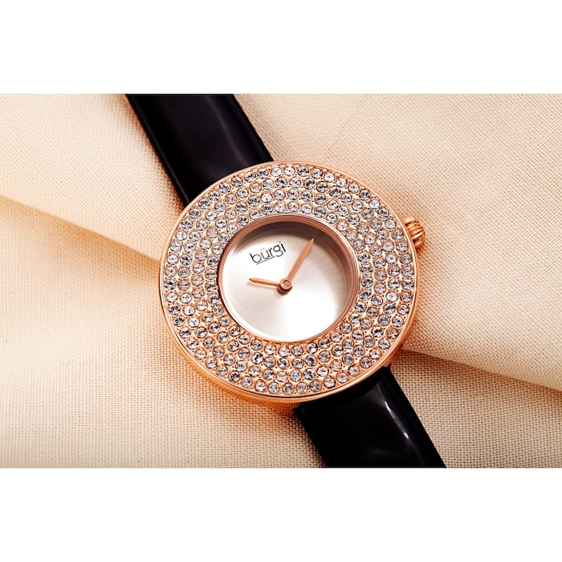 Burgi Women's Quartz Swarovski Crystal Disc Genuine Leather Strap Bracelet