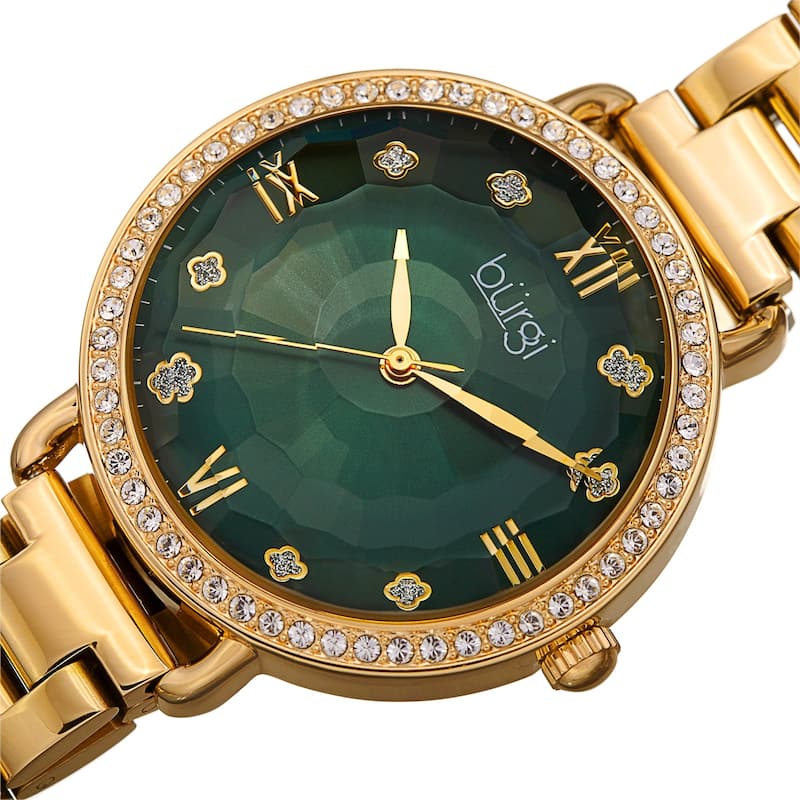Burgi Women's Quartz Swarovski Crystal Clover Markers Stainless Steel Link Bracelet Watch - Yellow Gold/Green