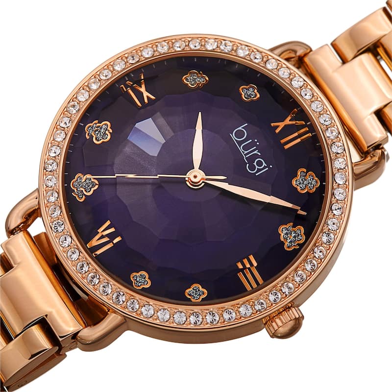 Burgi Women's Quartz Swarovski Crystal Clover Markers Stainless Steel Link Bracelet Watch