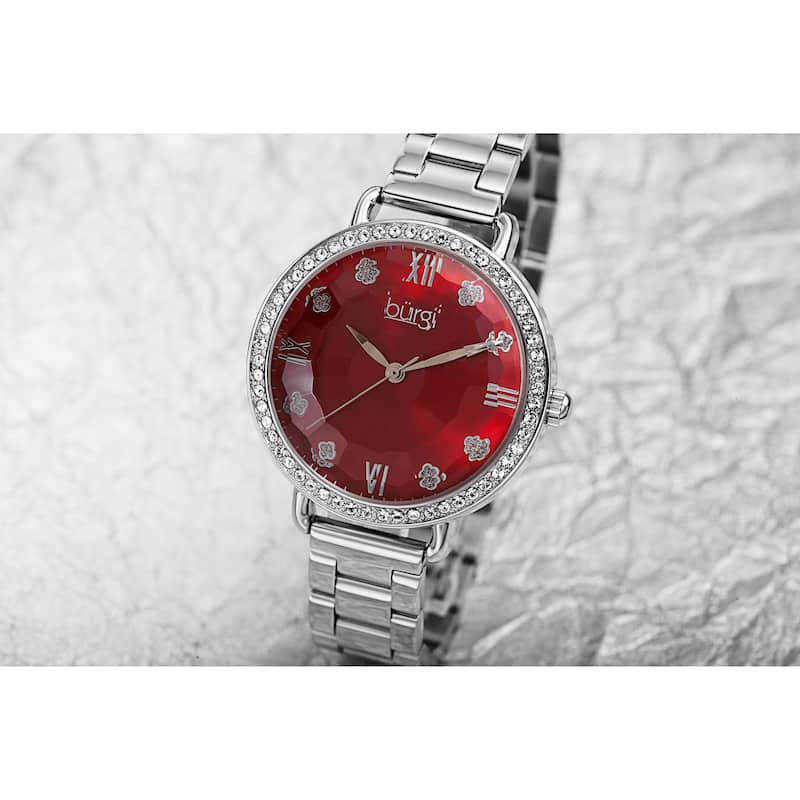 Burgi Women's Quartz Swarovski Crystal Clover Markers Stainless Steel Link Bracelet Watch