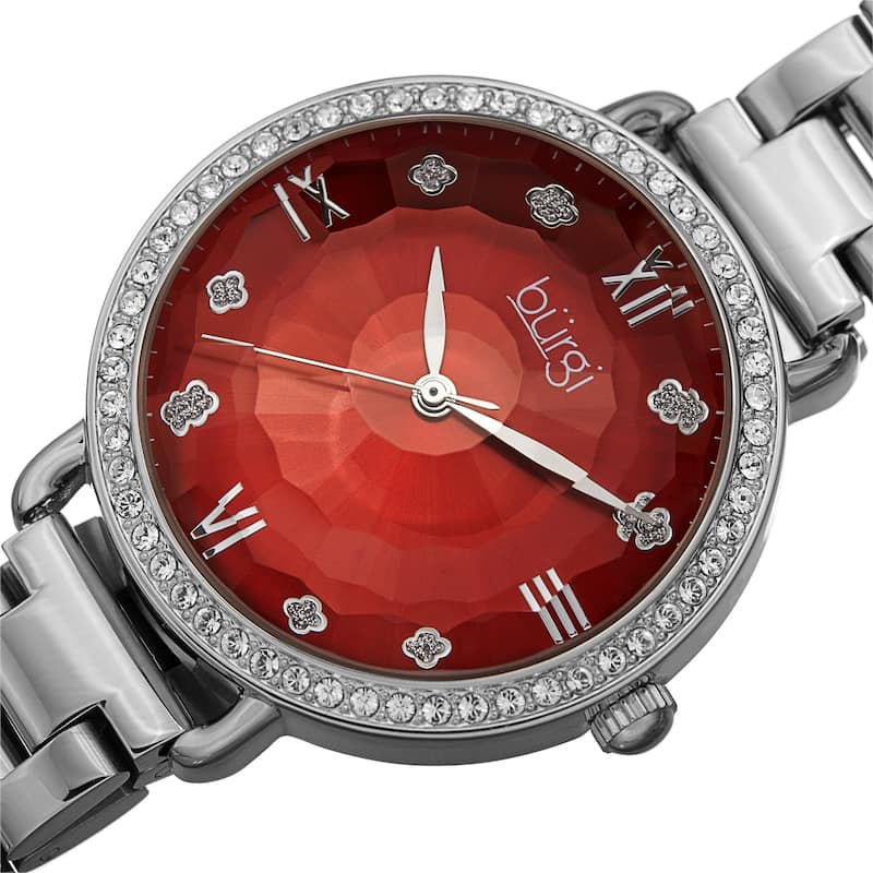 Burgi Women's Quartz Swarovski Crystal Clover Markers Stainless Steel Link Bracelet Watch - Silver/Red