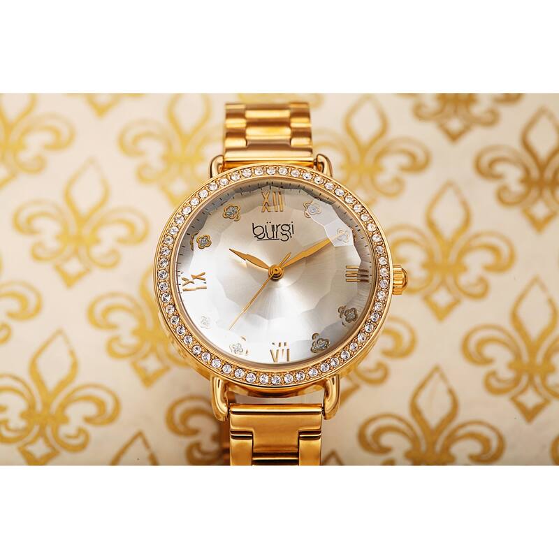 Burgi Women's Quartz Swarovski Crystal Clover Markers Stainless Steel Link Bracelet Watch