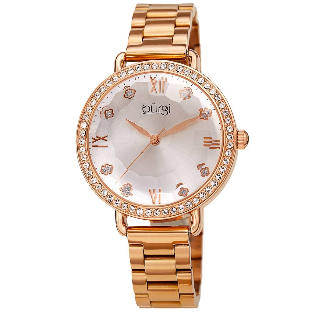 Burgi Women's Quartz Swarovski Crystal Clover Markers Stainless Steel Link Bracelet Watch