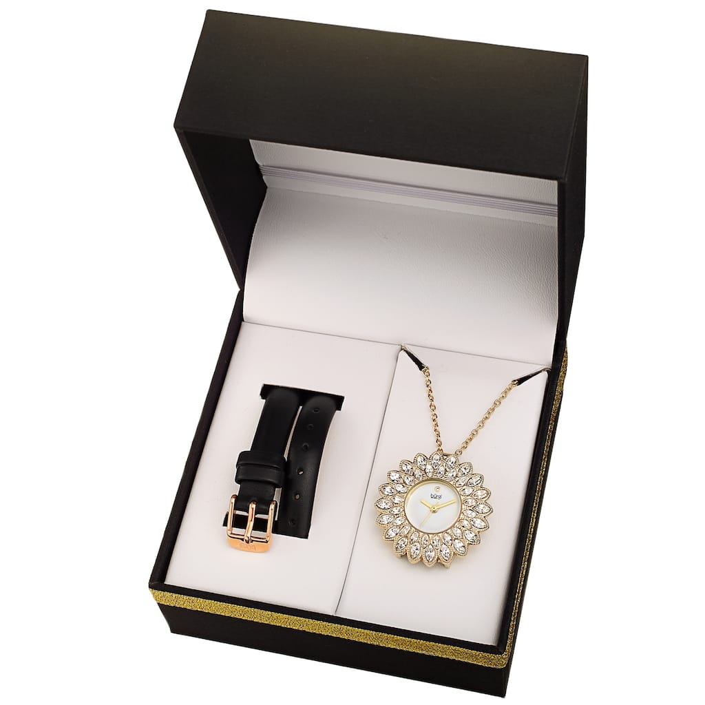 Burgi Women's Quartz Interchangable Leather Strap Watch and Pendant