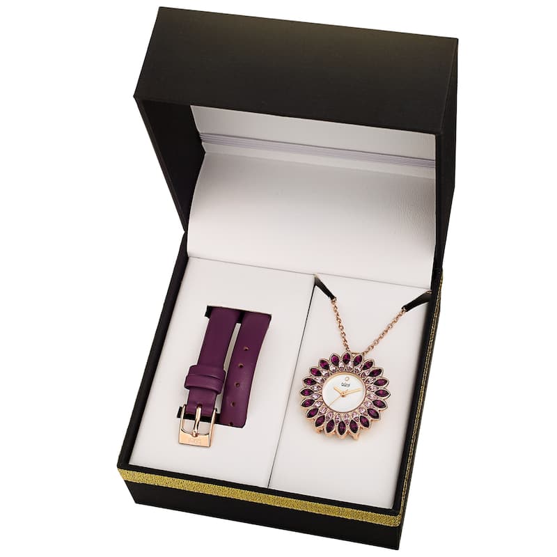 Burgi Women's Quartz Interchangable Leather Strap Watch and Pendant - Purple