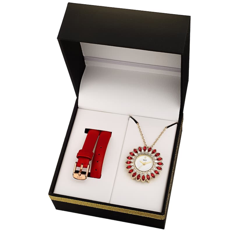 Burgi Women's Quartz Interchangable Leather Strap Watch and Pendant - Red