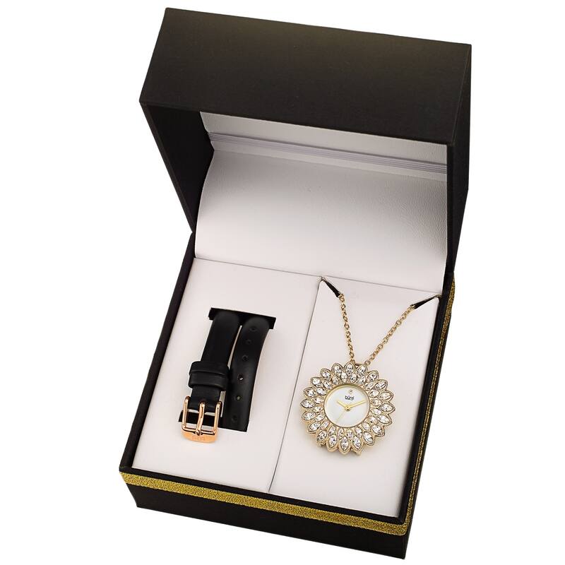 Burgi Women's Quartz Interchangable Leather Strap Watch and Pendant