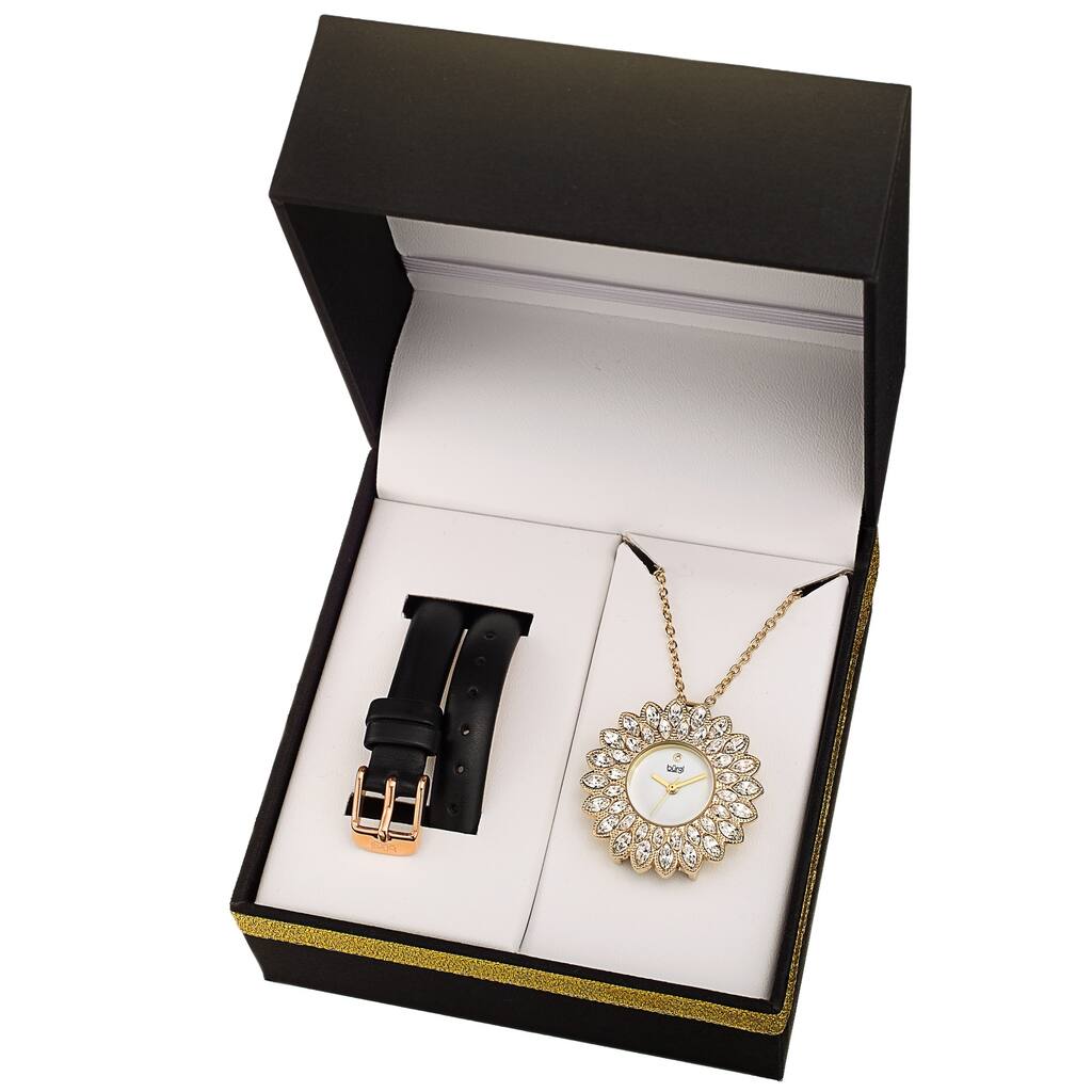 Burgi Women's Quartz Interchangable Leather Strap Watch and Pendant