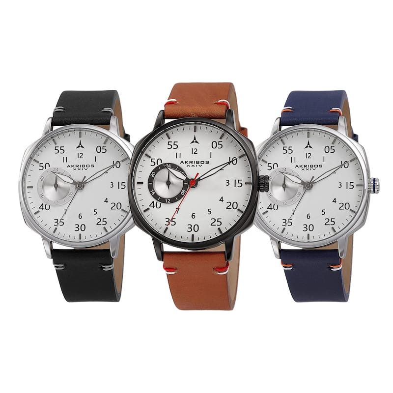 Akribos XXIV Men's Quartz Multifunction 24hr Subdial Leather Strap Watch