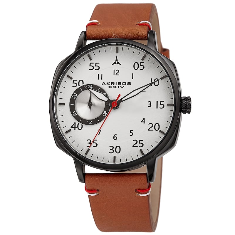 Akribos XXIV Men's Quartz Multifunction 24hr Subdial Leather Strap Watch - Brown/Black
