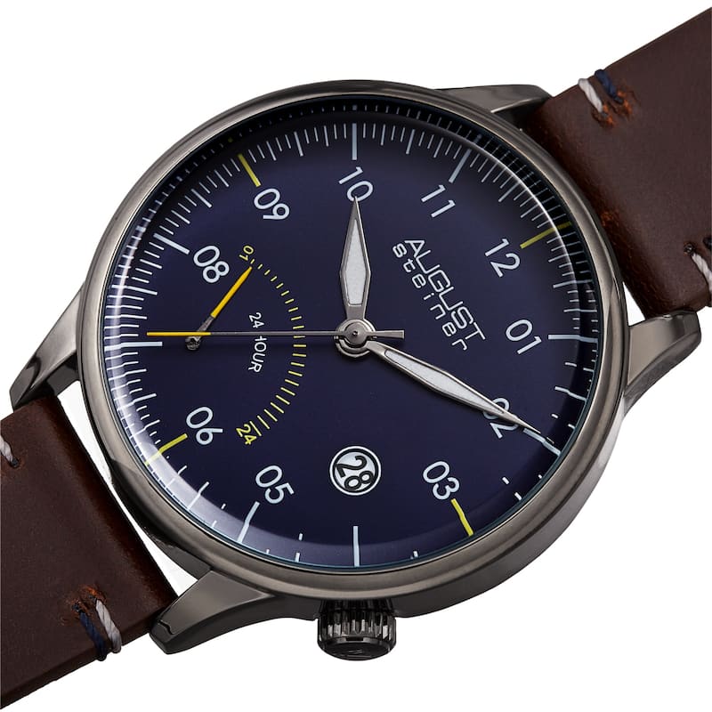 August Steiner Men's Quartz 24hr Retrograde Date Leather Strap Watch - Gunmetal/Blue