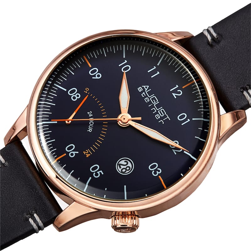 August Steiner Men's Quartz 24hr Retrograde Date Leather Strap Watch - Rose Gold/Blue