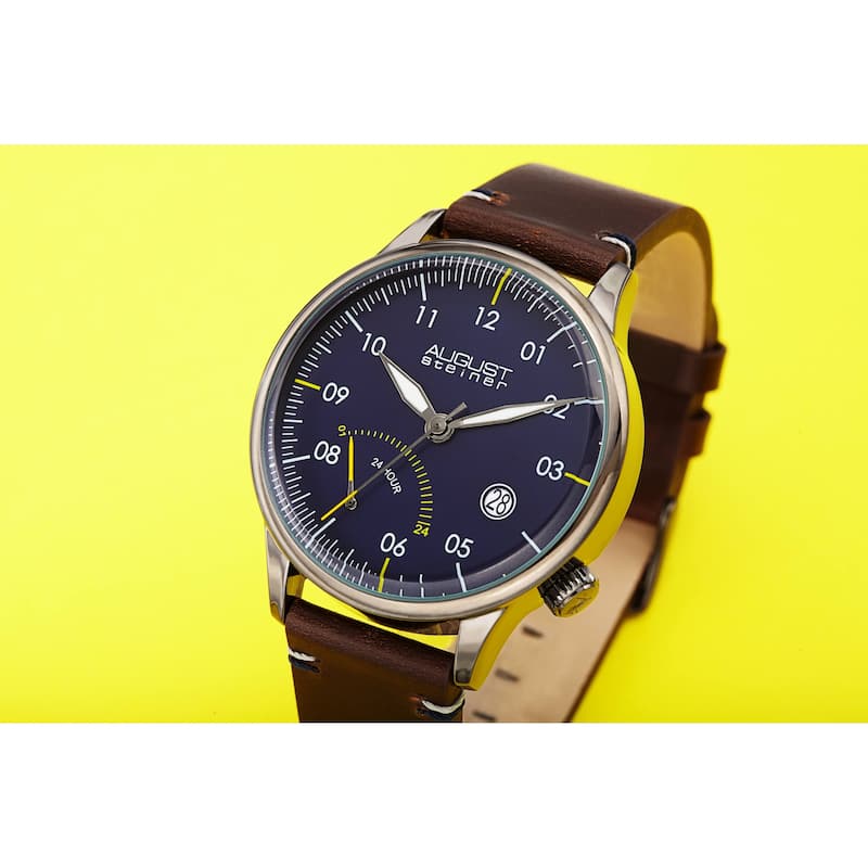 August Steiner Men's Quartz 24hr Retrograde Date Leather Strap Watch