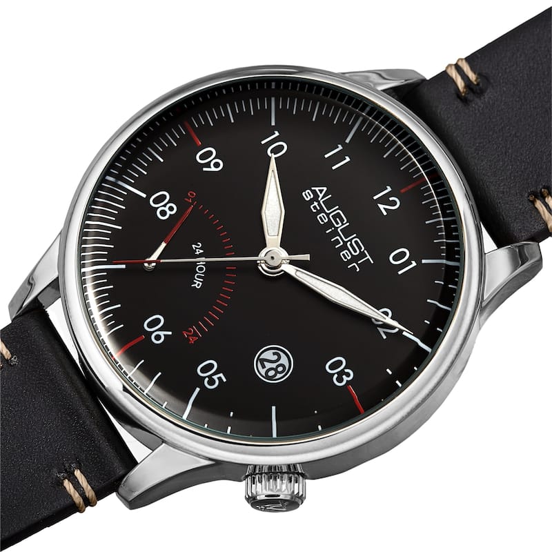 August Steiner Men's Quartz 24hr Retrograde Date Leather Strap Watch - Silver/Black