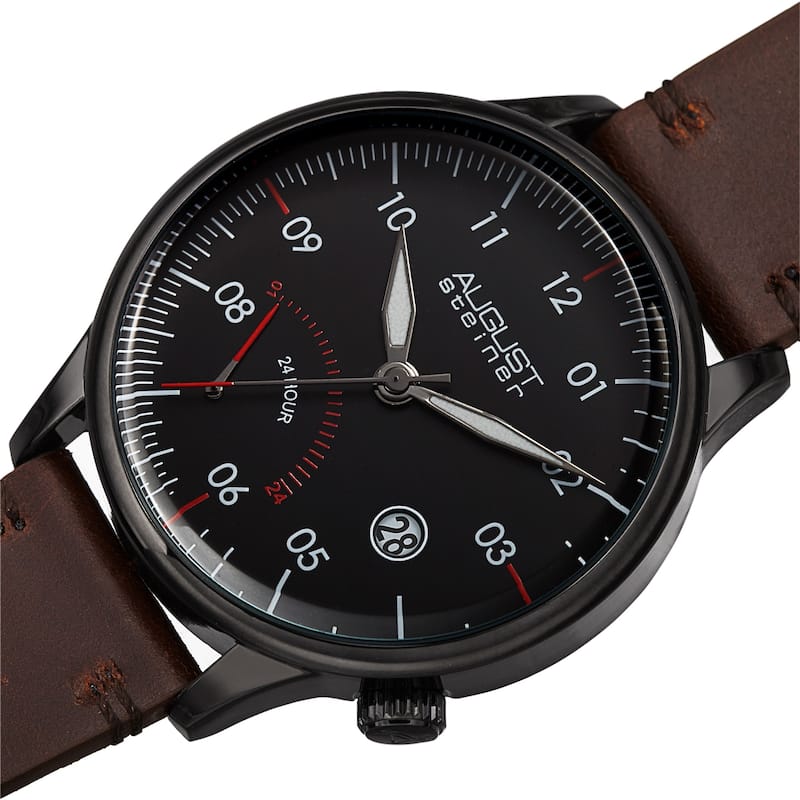 August Steiner Men's Quartz 24hr Retrograde Date Leather Strap Watch - Black/Brown