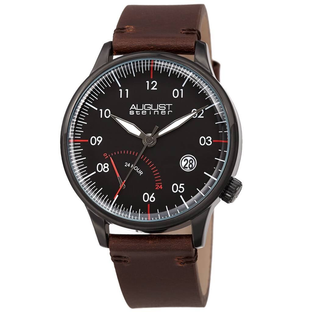 August Steiner Men's Quartz 24hr Retrograde Date Leather Strap Watch
