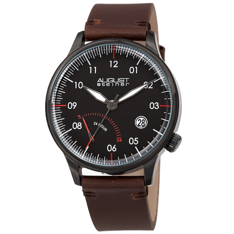 August Steiner Men's Quartz 24hr Retrograde Date Leather Strap Watch