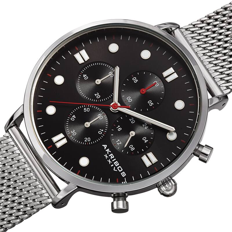 Akribos XXIV Men's Quartz Chronograph Stopwatch Stainless Steel Mesh Bracelet Watch - Silver/Black