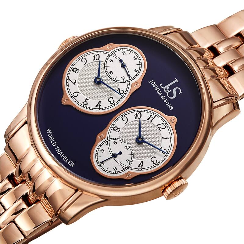 Joshua & Sons Men's Quartz Dual Time Stainless Steel Bracelet Watch - Rose Gold/Blue