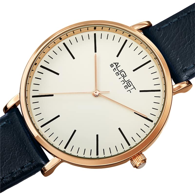 August Steriner Men's Quartz Classic Three Hand Leather Strap Watch - Rose Gold/Blue