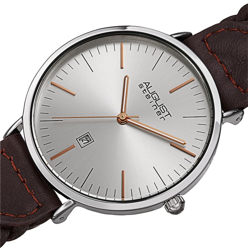 August Steiner Men's Quartz Date Braided Leather Strap Watch - Brown