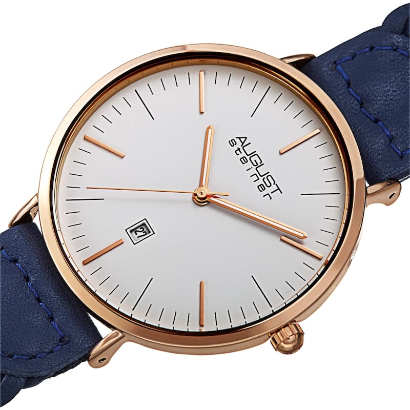 August Steiner Men's Quartz Date Braided Leather Strap Watch - Rose Gold/Blue