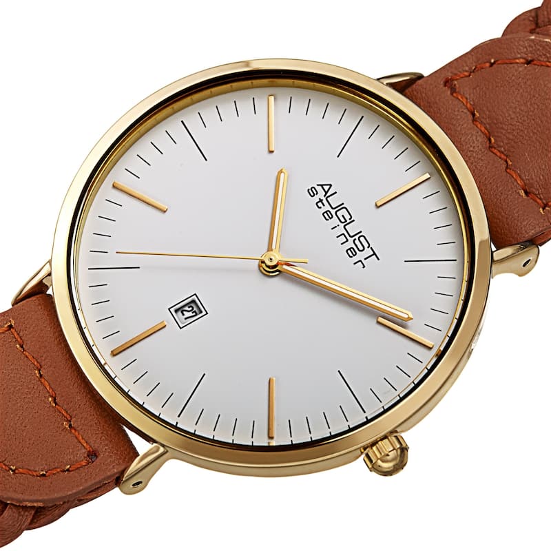 August Steiner Men's Quartz Date Braided Leather Strap Watch - Tan