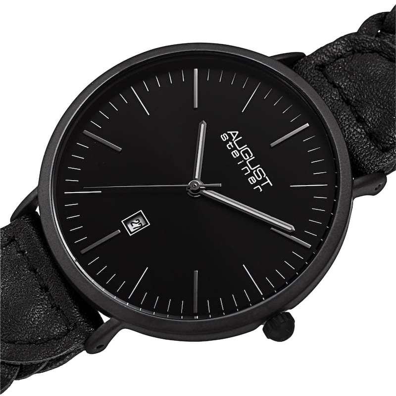August Steiner Men's Quartz Date Braided Leather Strap Watch - Black
